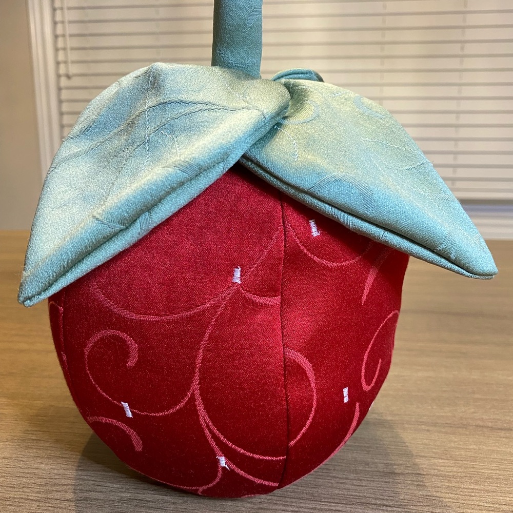 Adorable Strawberry Decor Fabric Pillow, Hand Sewn, Red/Green.